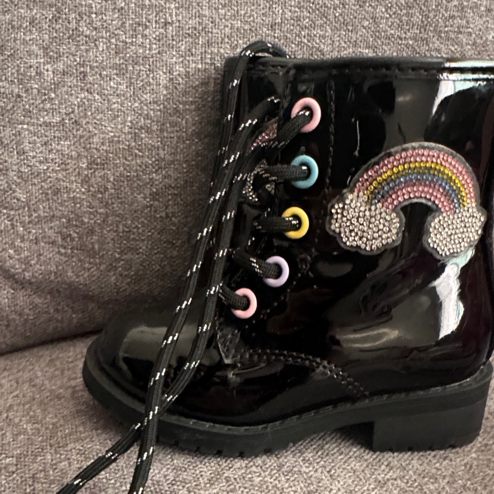 Black Patent Leather Kids Boots with Rainbow Patch